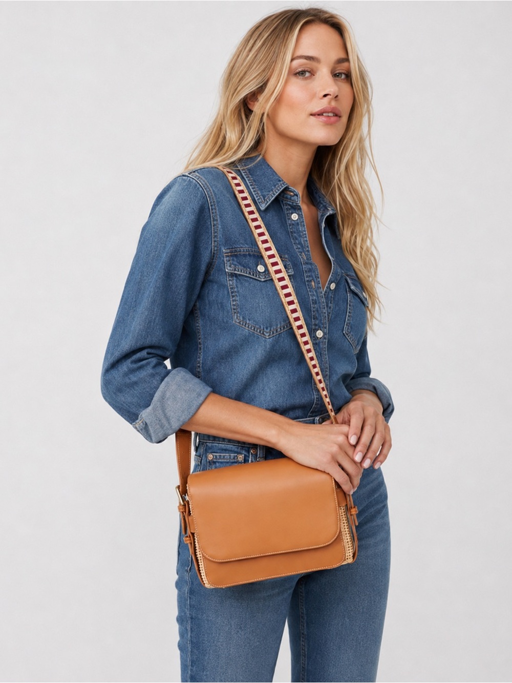 NWOT J. McLaughlin Women’s Wicker Leather Cabott Shoulder Bag
